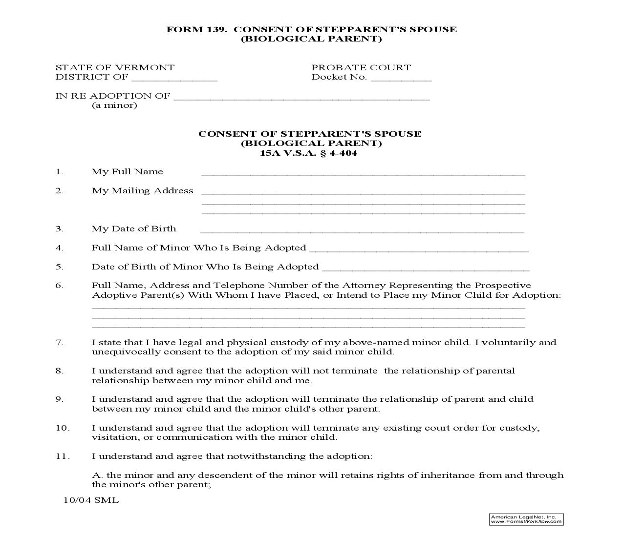 Consent Of Stepparents Spouse (To Adoption) {139} | Pdf Fpdf Docx | Vermont