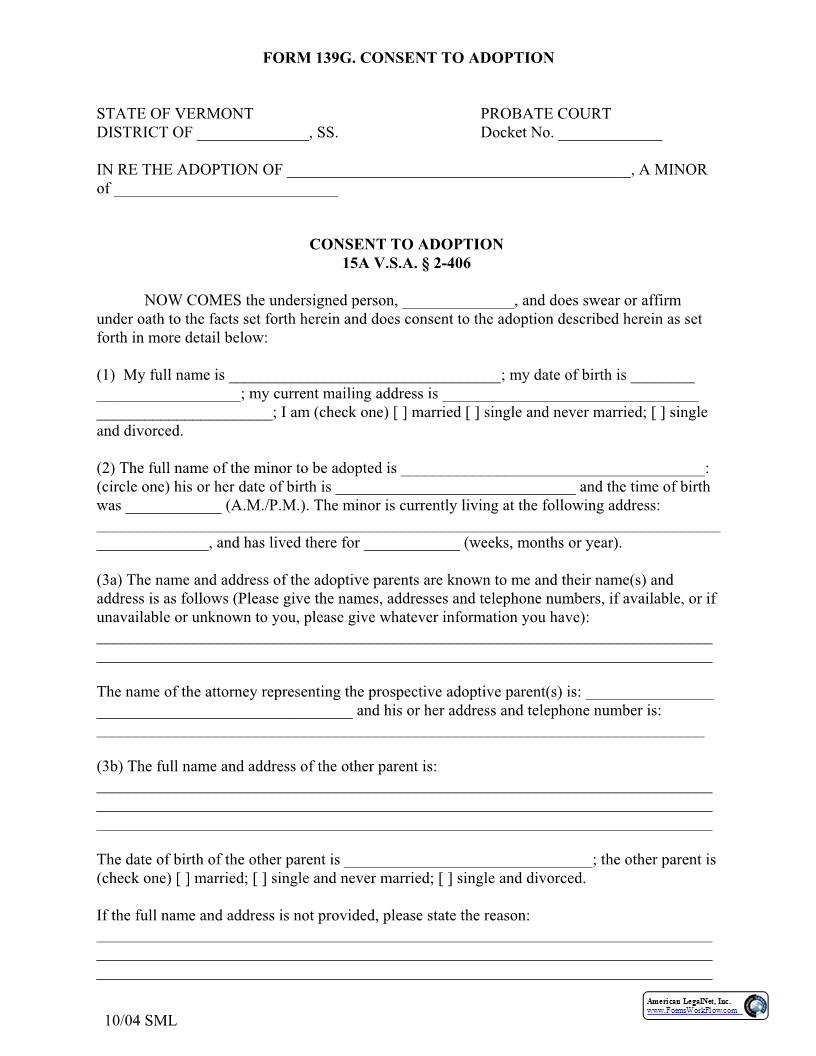 Consent To Adoption {139G} | Pdf Fpdf Docx | Vermont