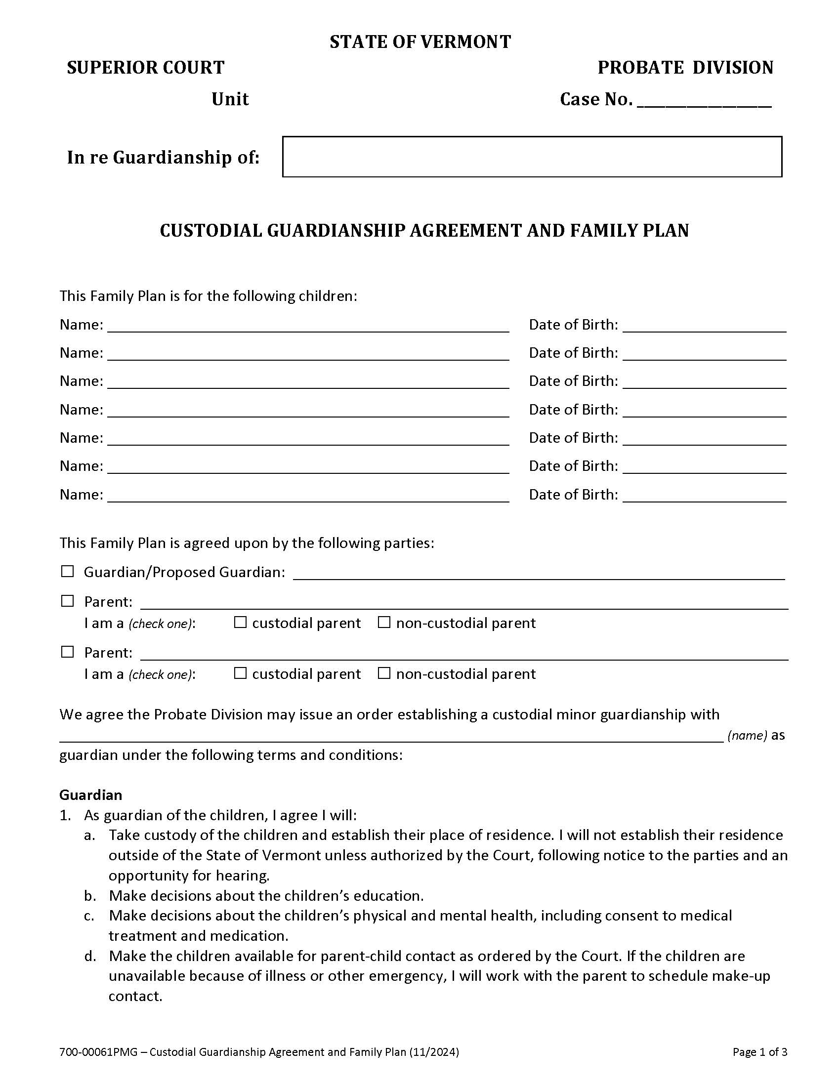 Custodial Guardianship Agreement And Family {PMG61} | Pdf Fpdf Docx | Vermont