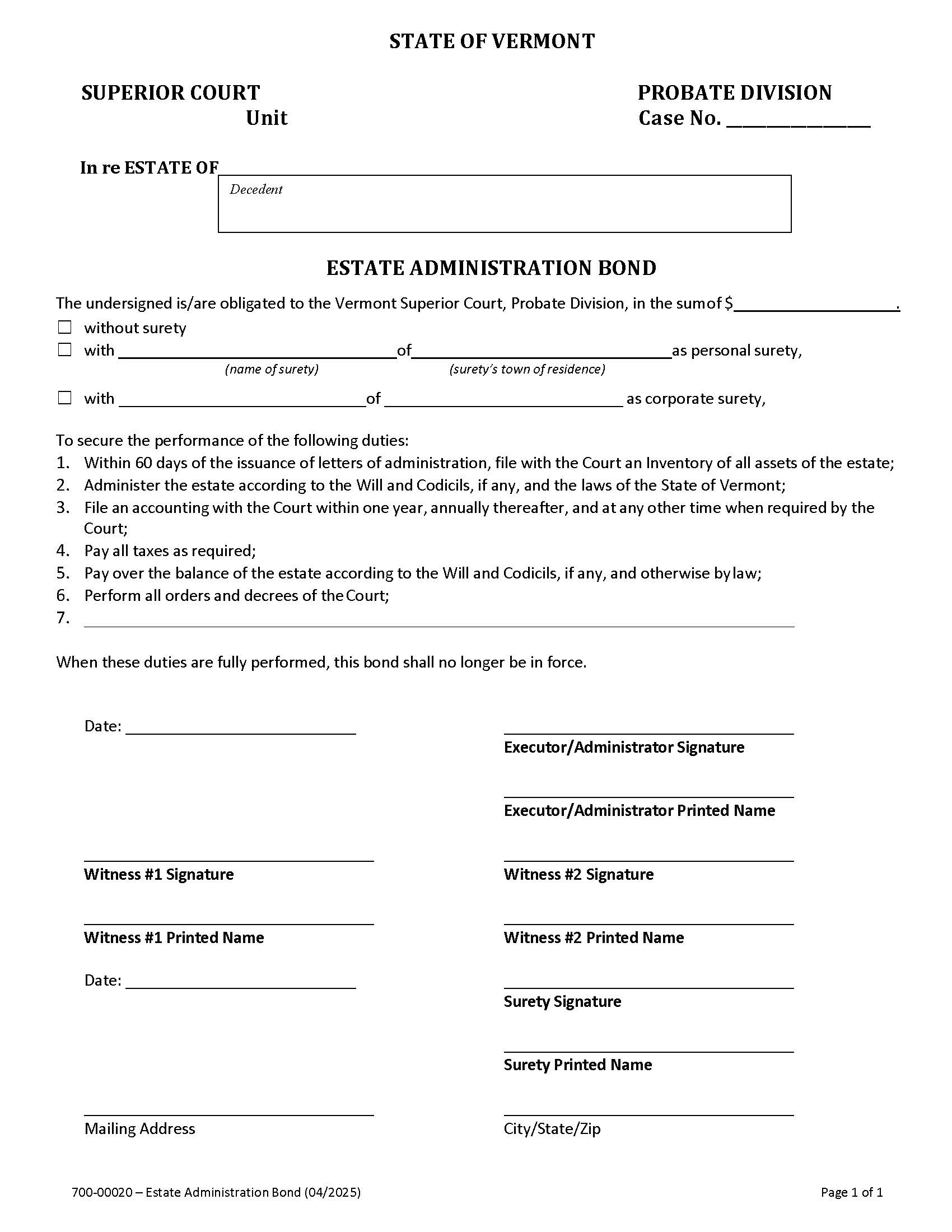 Estate Administration Bond {700-00020} | Pdf Fpdf Docx | Vermont