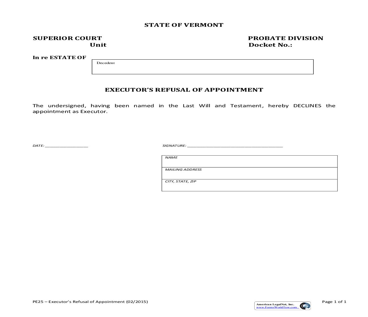 Executors Refusal Of Appointment {PE 25} | Pdf Fpdf Doc Docx | Vermont