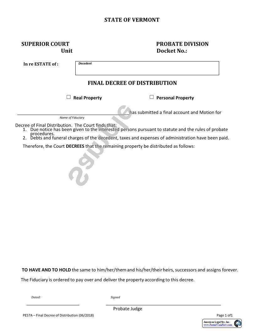 Final Decree Of Distribution {PE57A} | Pdf Fpdf Docx | Vermont
