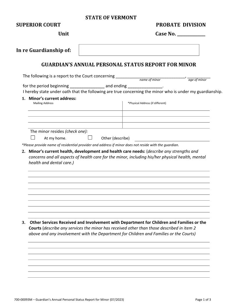 Guardians Annual Personal Status Report For Minor {700-00093M} | Pdf Fpdf Docx | Vermont