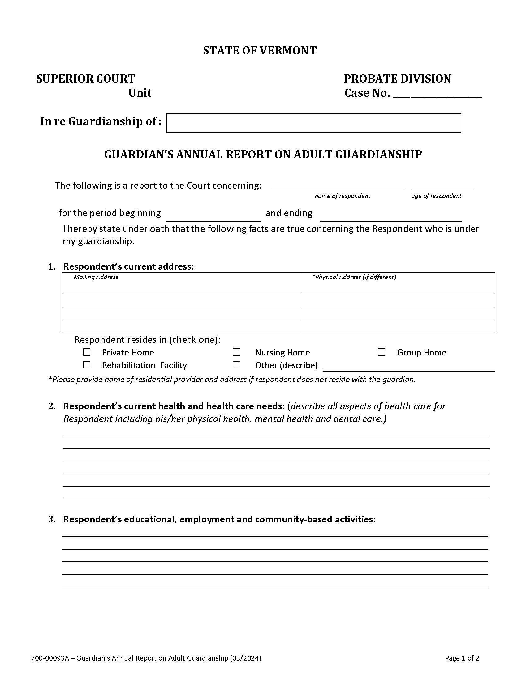 Guardians Annual Report For Adult Guardianship {700-00093A} | Pdf Fpdf Docx | Vermont