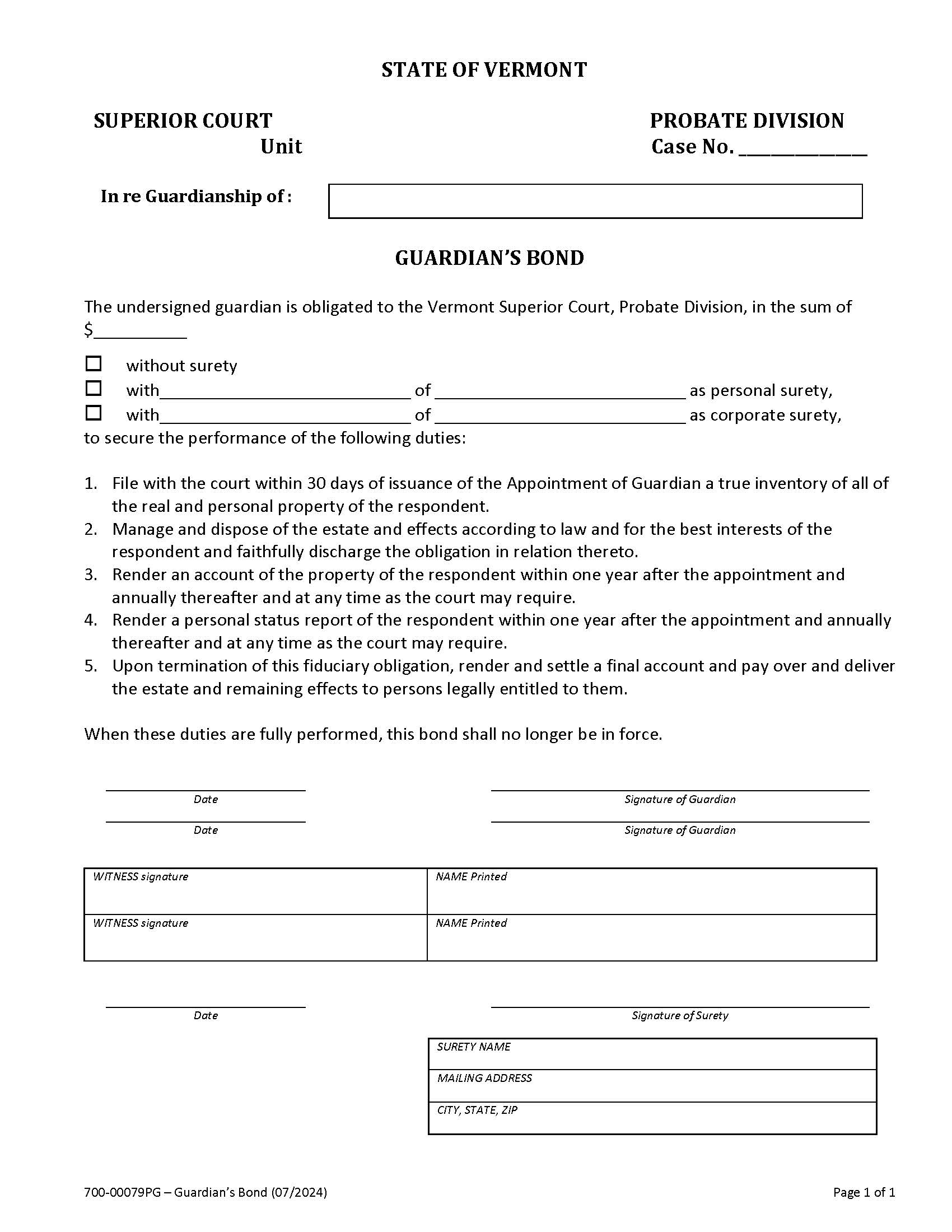 Guardians Bond {PG 79} | Pdf Fpdf Doc Docx | Vermont