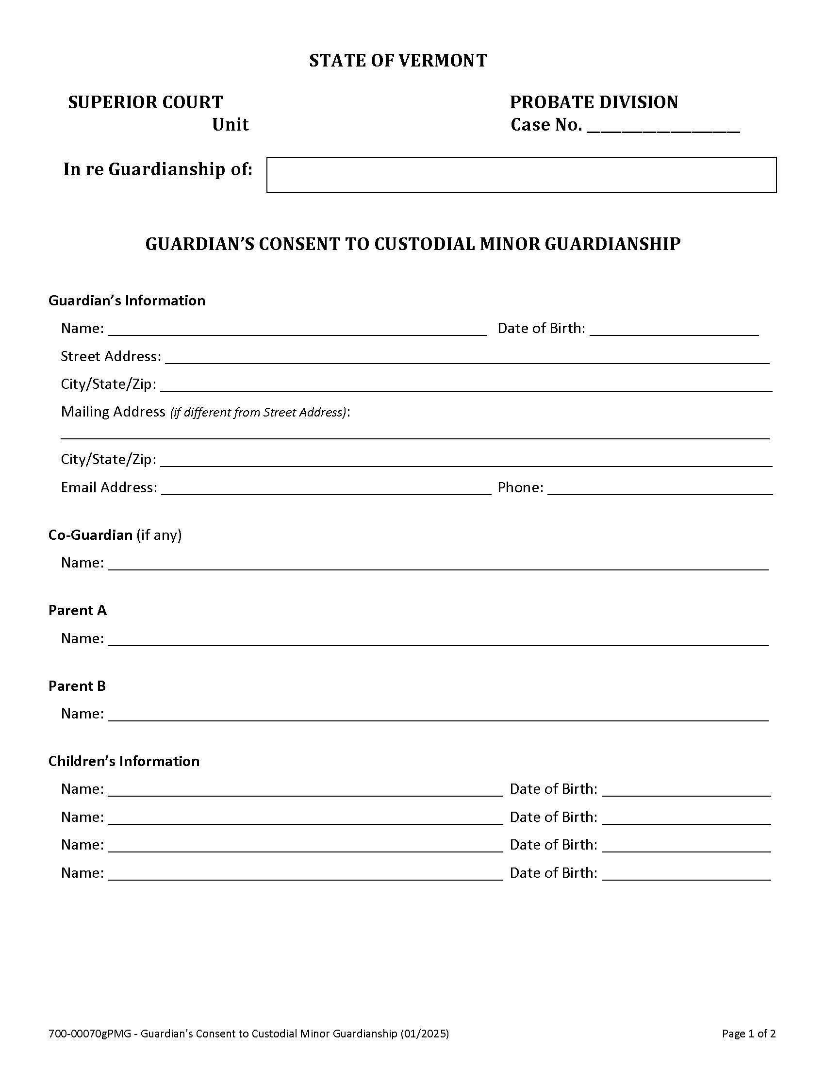 Guardians Consent To The Establishment Of A Minor Guardianship {PMG 70g} | Pdf Fpdf Docx | Vermont