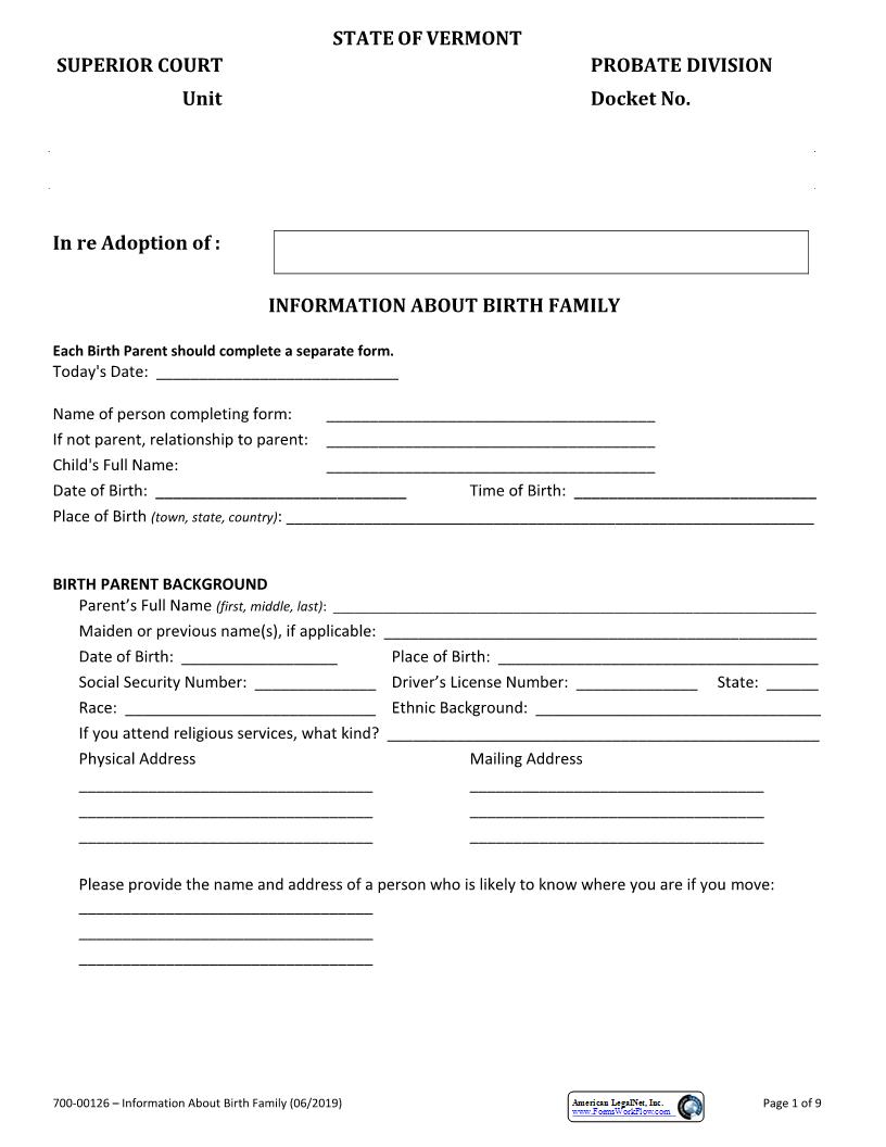 Information About Birth Family {700-00126} | Pdf Fpdf Docx | Vermont