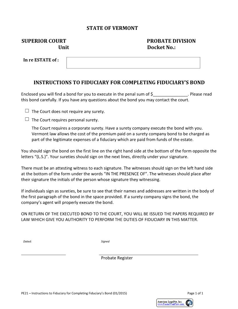 Instructions To Fiduciary For Completing The Fiduciarys Bond {PE21} | Pdf Fpdf Docx | Vermont