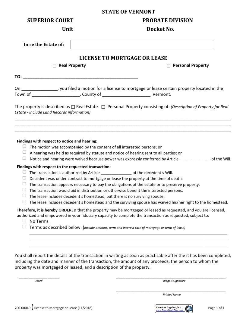 License To Mortgage Or Lease {700-00040} | Pdf Fpdf Docx | Vermont