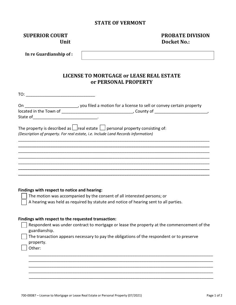 License To Mortgage Or Lease RE Or Personal Property {700-00087} | Pdf Fpdf Docx | Vermont