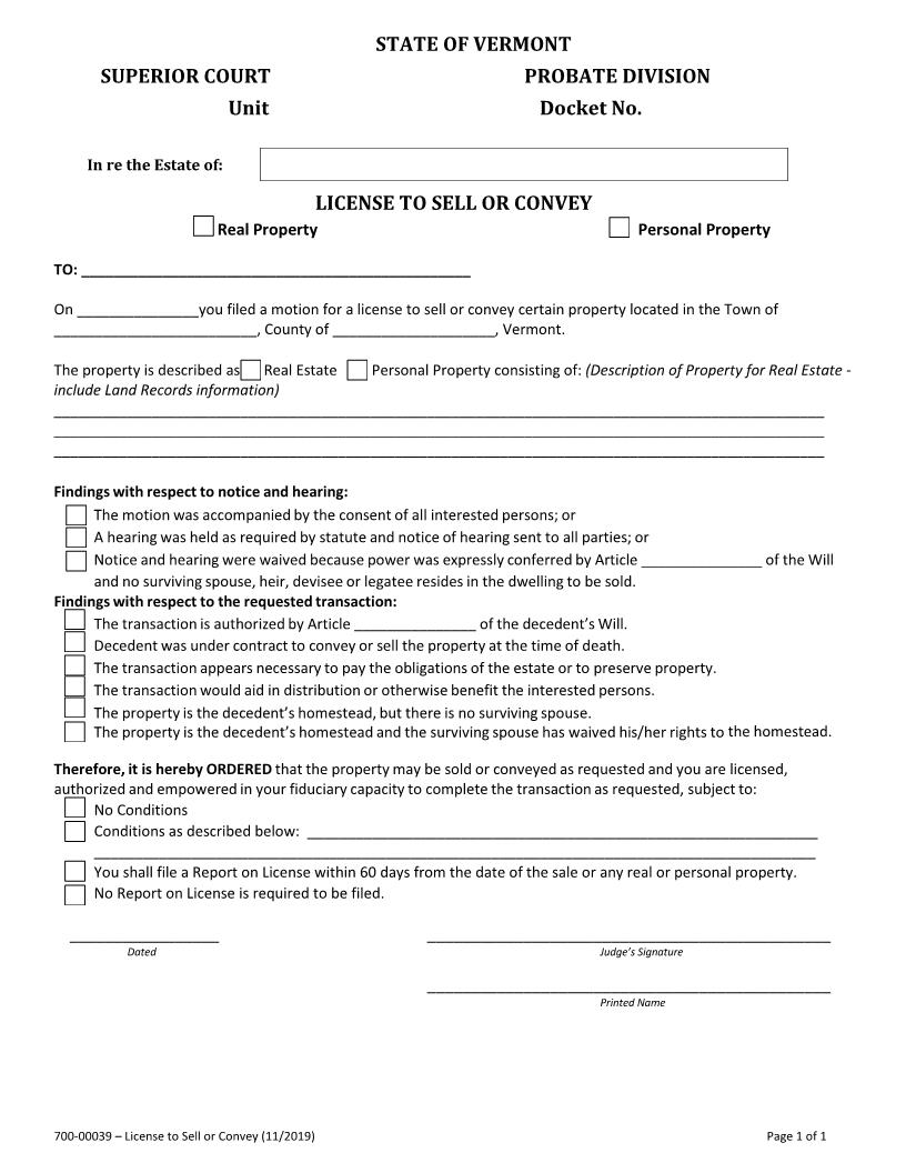 License To Sell Or Convey {700-00039} | Pdf Fpdf Docx | Vermont