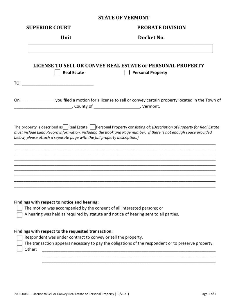 License To Sell Or Convey RE Or Personal Property {700-00086} | Pdf Fpdf Docx | Vermont