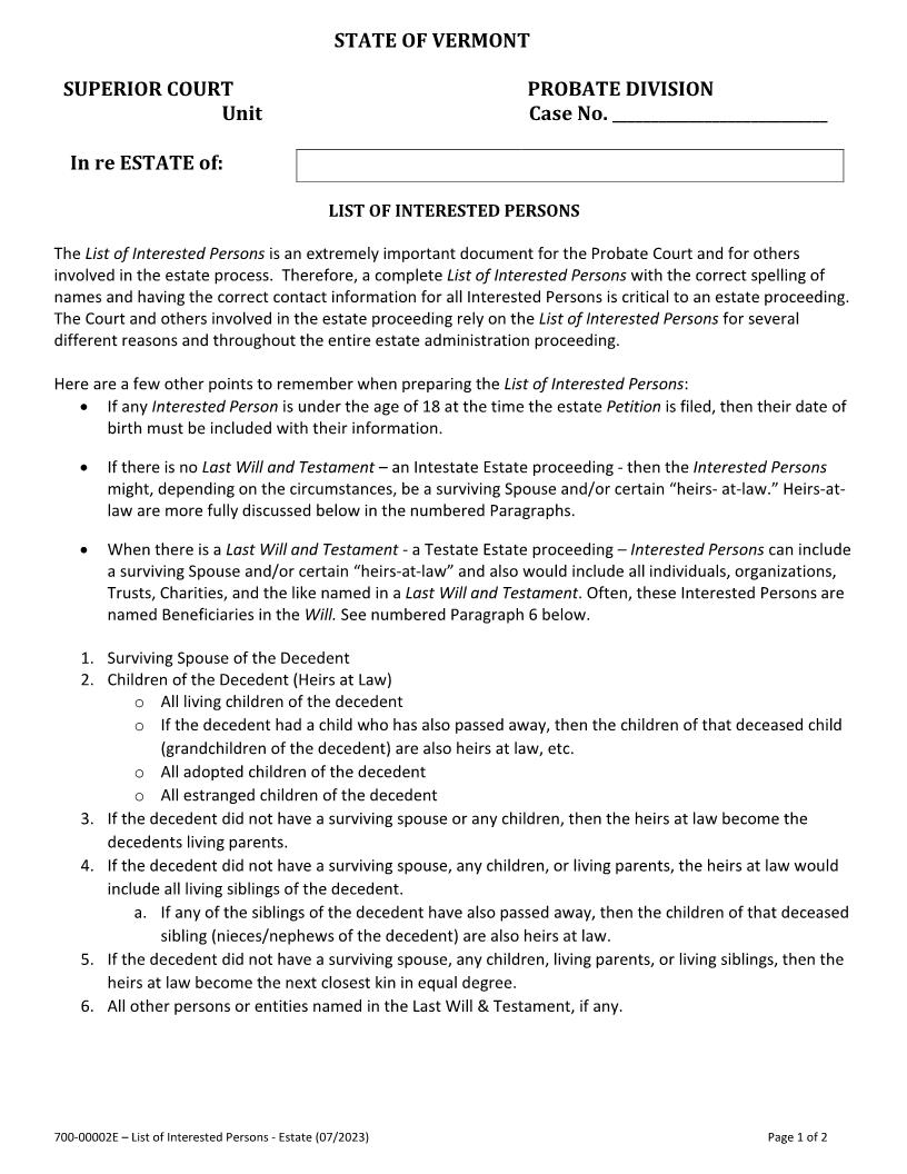 List Of Interested Persons - Estate {700-00002E} | Pdf Fpdf Docx | Vermont