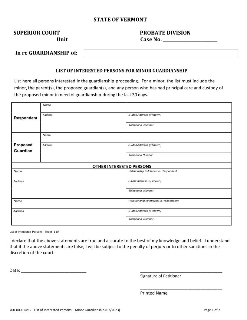 List Of Interested Persons For Minor Guardianship {700-00002MG} | Pdf Fpdf Docx | Vermont