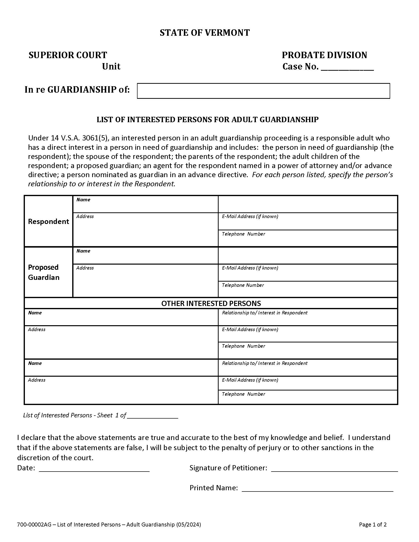 List Of Interested Persons-Adult Guardianship {700-00002AG} | Pdf Fpdf Doc Docx | Vermont