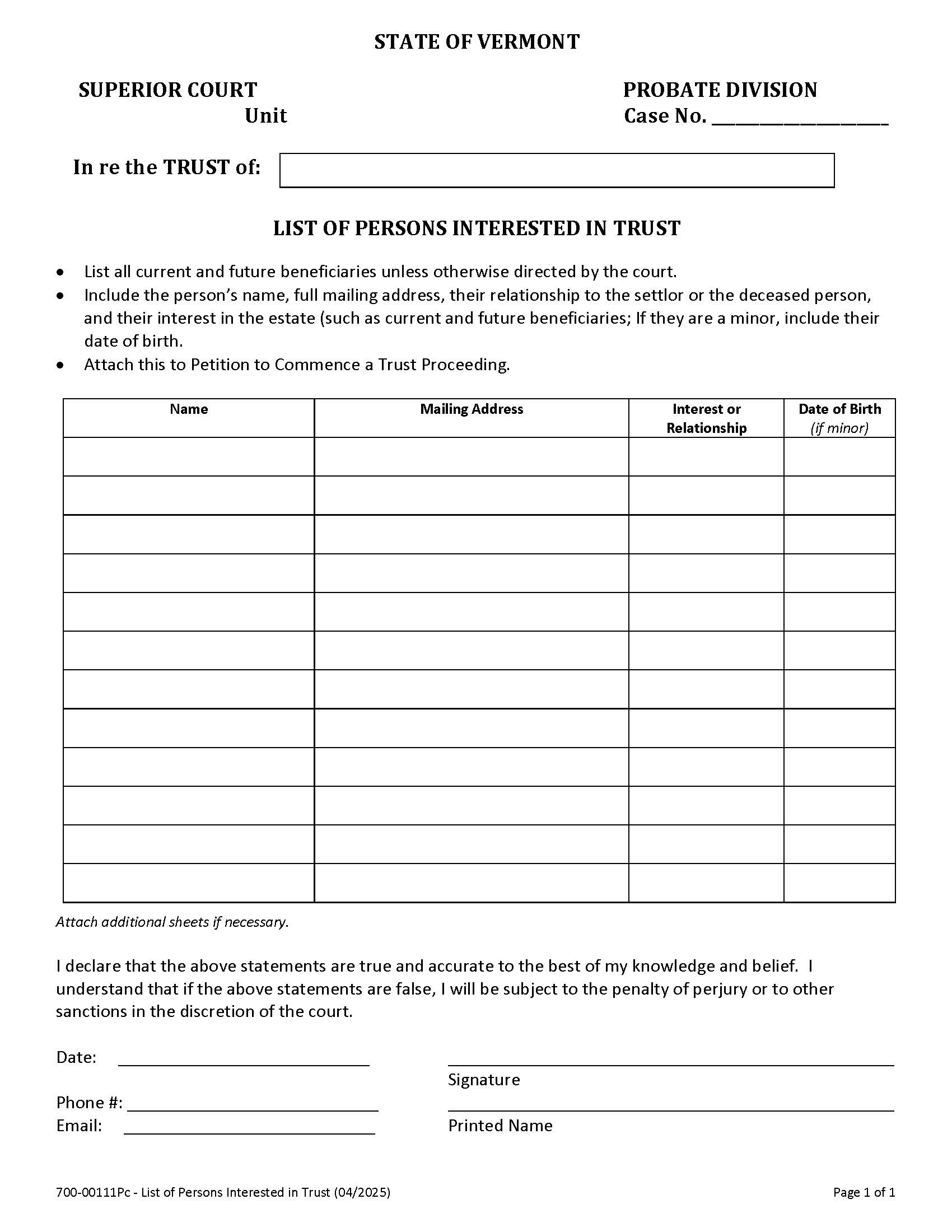 List Of Persons Interested In Trust {PC 111} | Pdf Fpdf Docx | Vermont