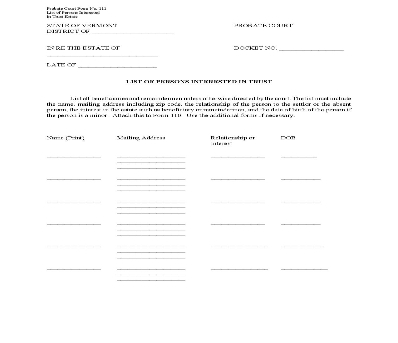 List Of Persons Interested In Trust Estate {111} |  | Vermont