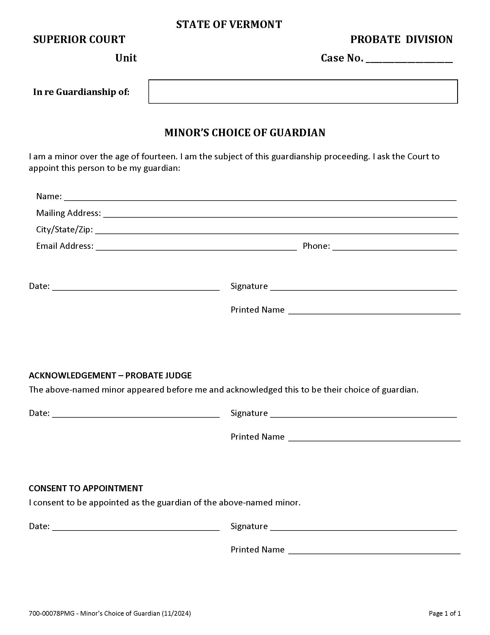 Minors Choice Of Guardian {PMG 78} | Pdf Fpdf Docx | Vermont