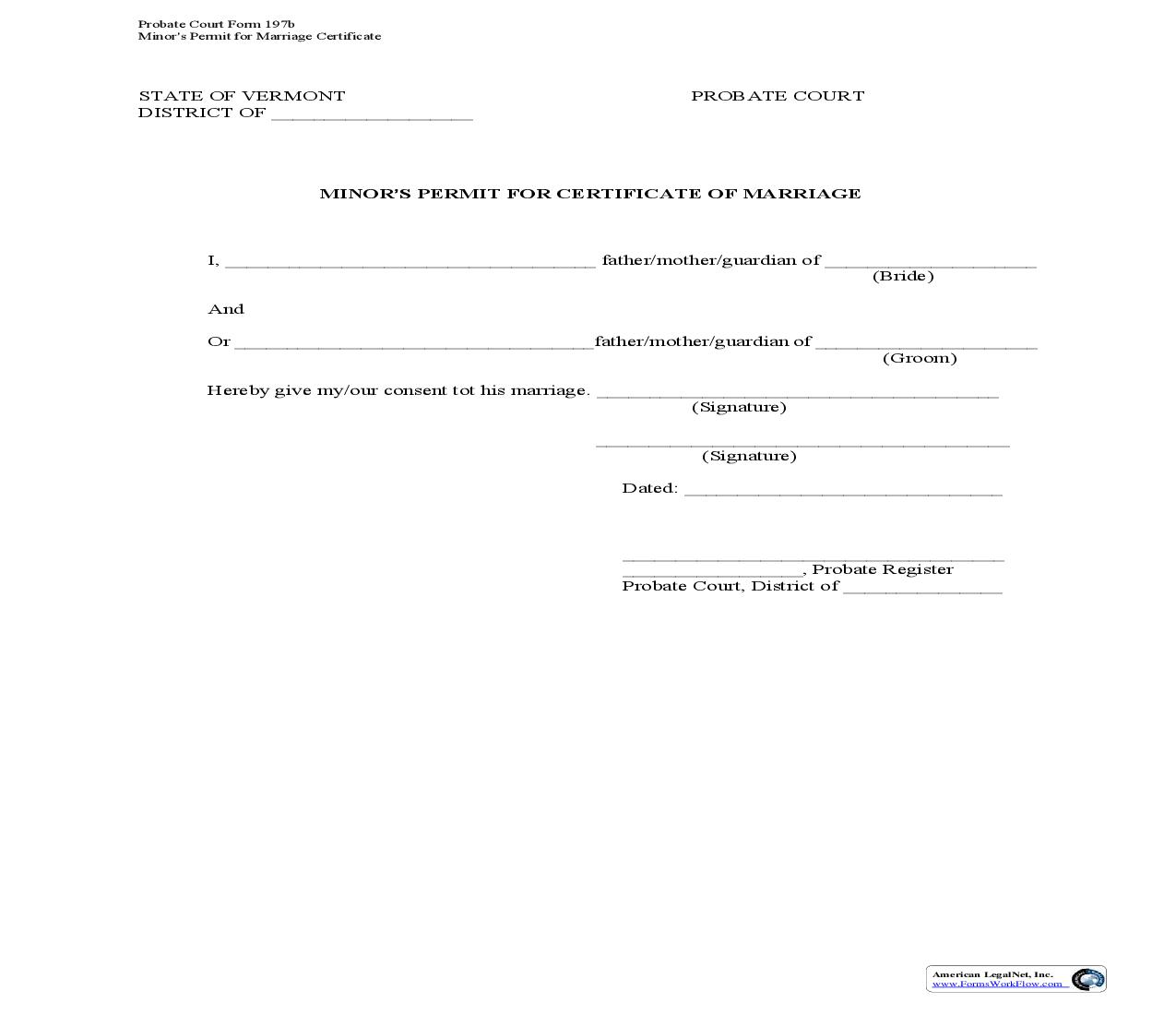 Minors Permit For Marriage Certificate {197B} | Pdf Fpdf Doc Docx | Vermont