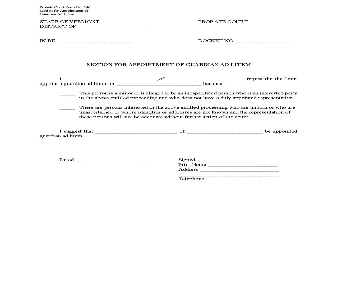 Motion For Appointment Of Guardian Ad Litem {146} | Pdf Fpdf Doc Docx | Vermont