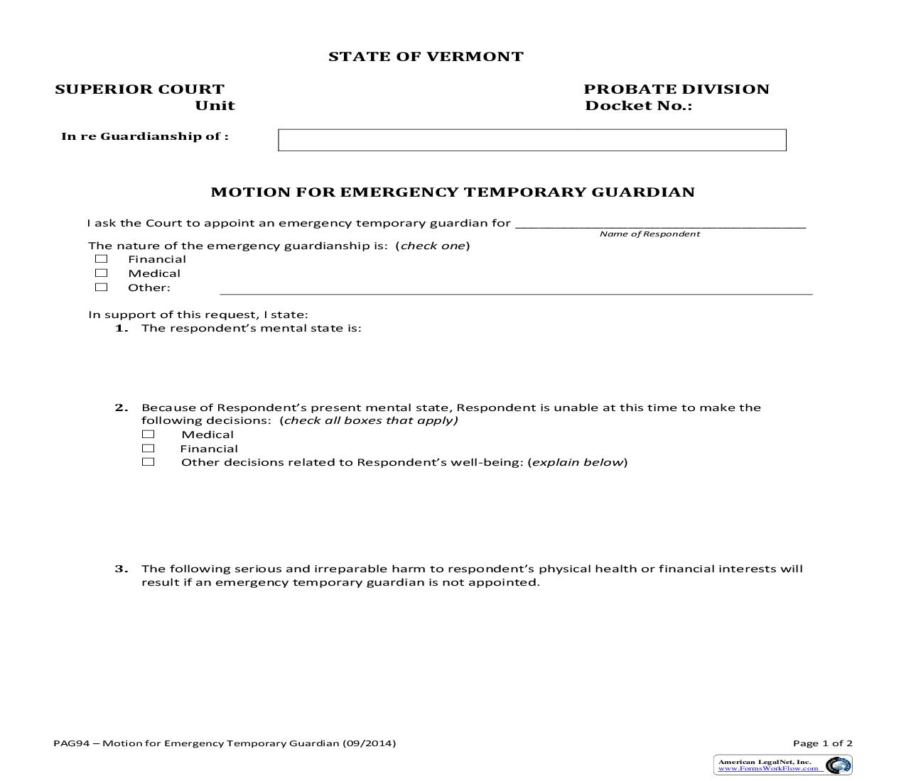 Motion For Emergency Temporary Guardian {PAG94} | Pdf Fpdf Doc Docx | Vermont