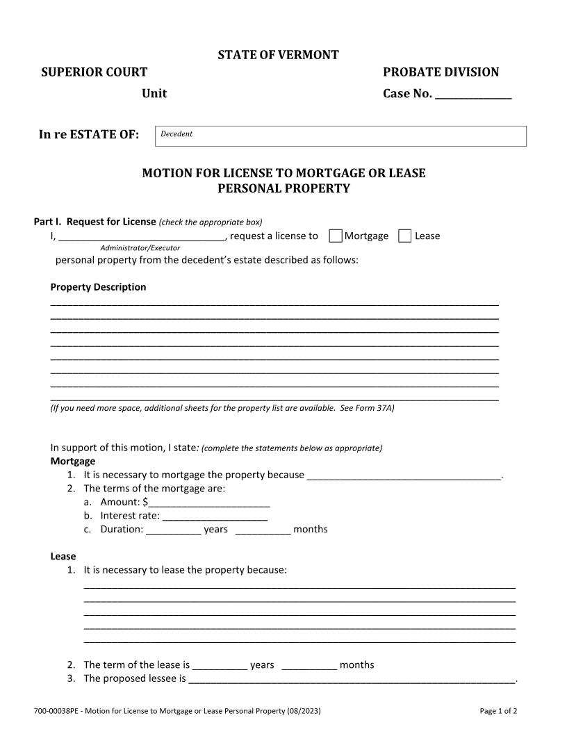 Motion For License To Mortgage Or Lease Personal Property {PE38} | Pdf Fpdf Docx | Vermont
