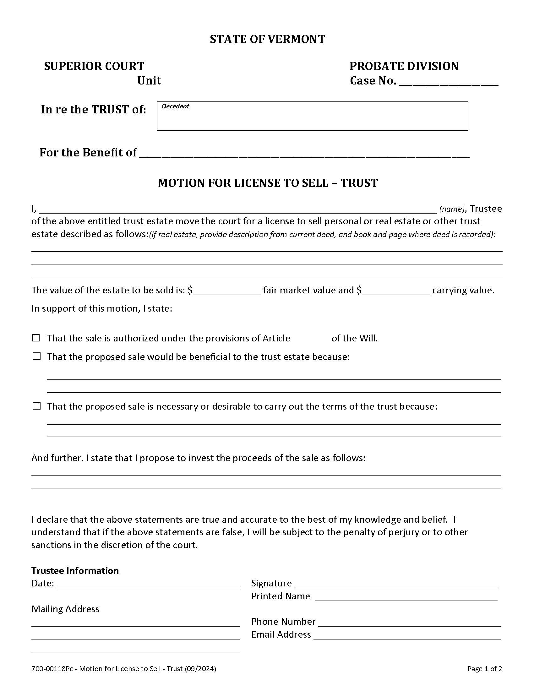 Motion For License To Sell {PC 118} | Pdf Fpdf Docx | Vermont