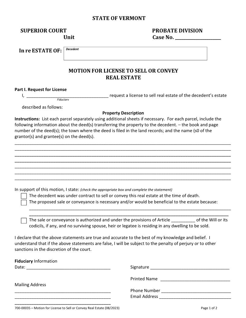 Motion For License To Sell Or Convey Real Estate {700-00035} | Pdf Fpdf Docx | Vermont