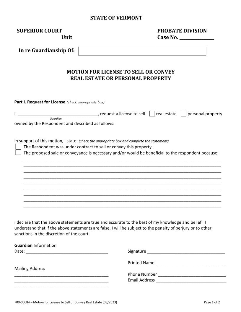 Motion For License To Sell Or Convey Real Estate Or Personal Property {700-00084} | Pdf Fpdf Docx | Vermont