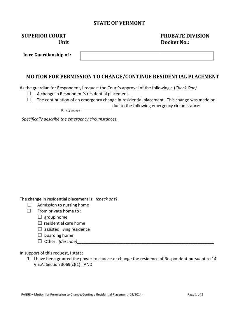Motion To Change Residential Placement {PAG98} | Pdf Fpdf Docx | Vermont