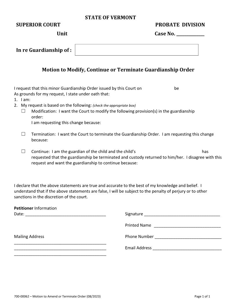 Motion To Modify Continue Or Terminate Guardianship Order {700-00062} | Pdf Fpdf Docx | Vermont