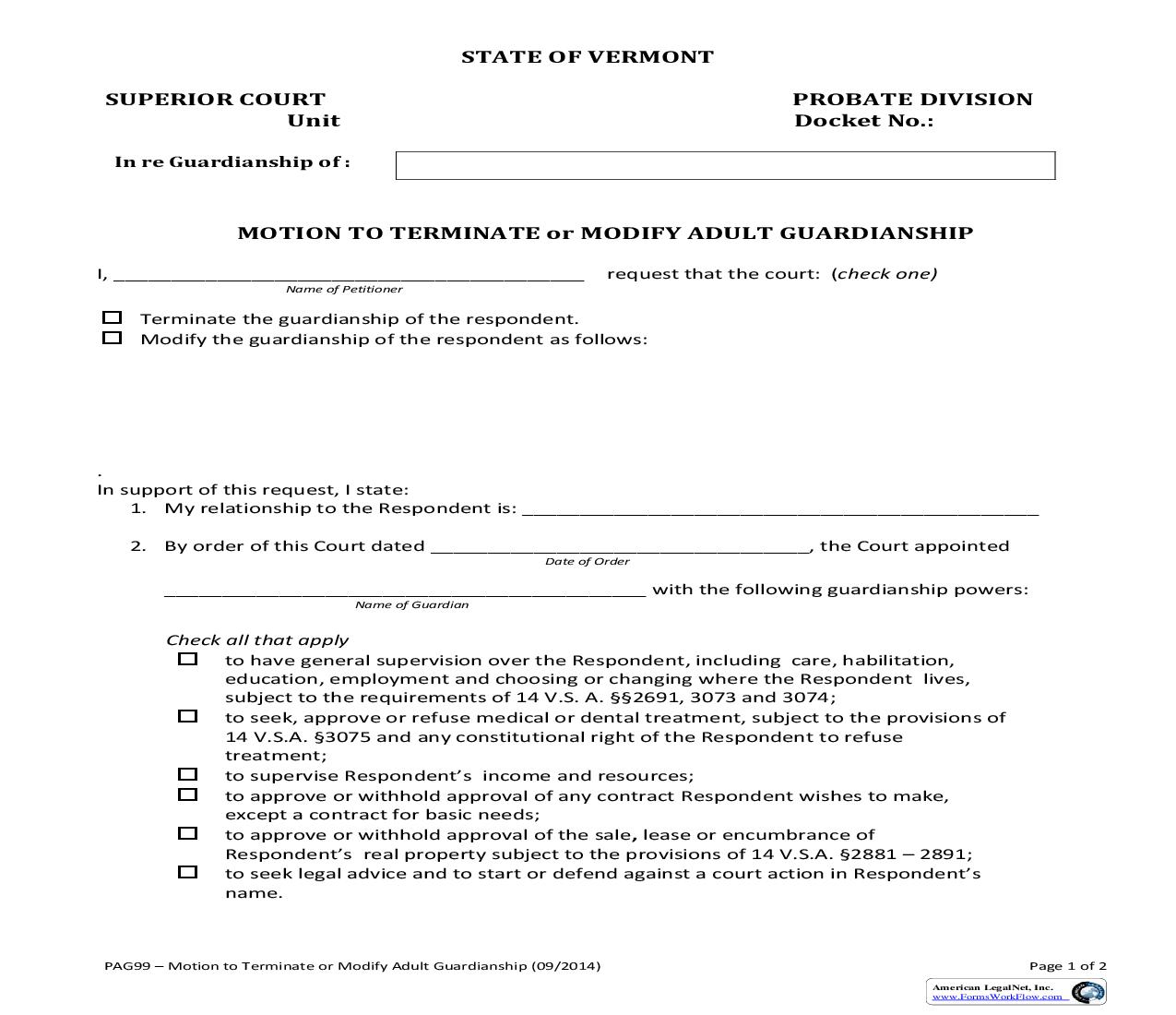Motion To Terminate Or Modify Adult Guardianship {PAG99} | Pdf Fpdf Doc Docx | Vermont