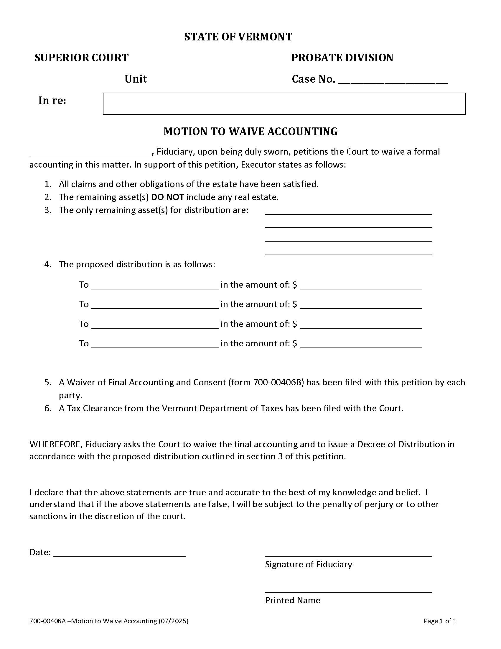 Motion To Waive Accounting {700-00406A} | Pdf Fpdf Docx | Vermont