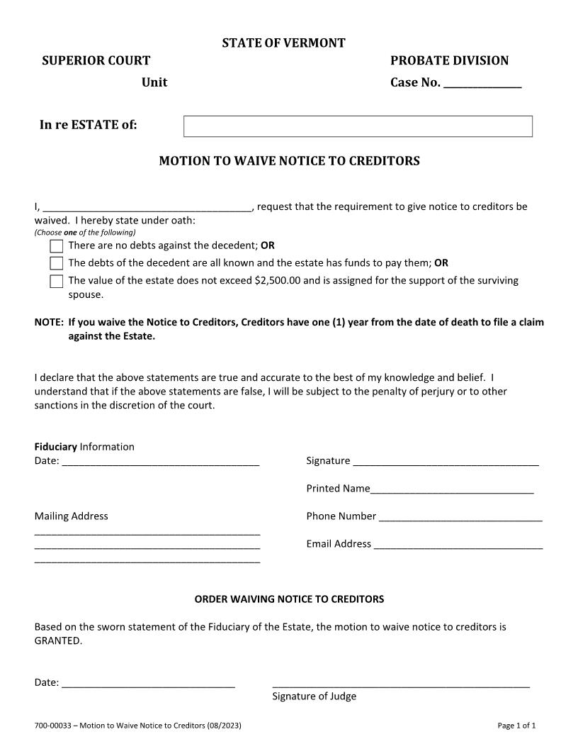 Motion To Waive Notice To Creditors {700-00033} | Pdf Fpdf Docx | Vermont