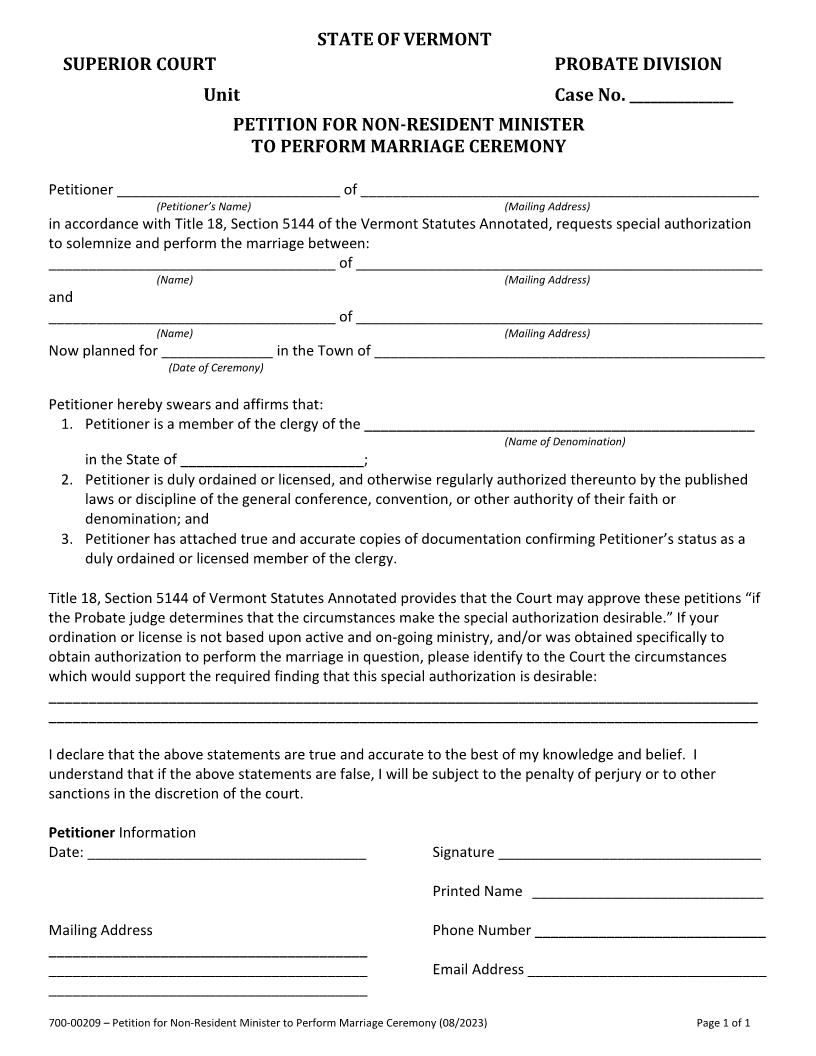 Non-Resident Minister To Perform Marriage Ceremony Petition {700-00209} | Pdf Fpdf Docx | Vermont