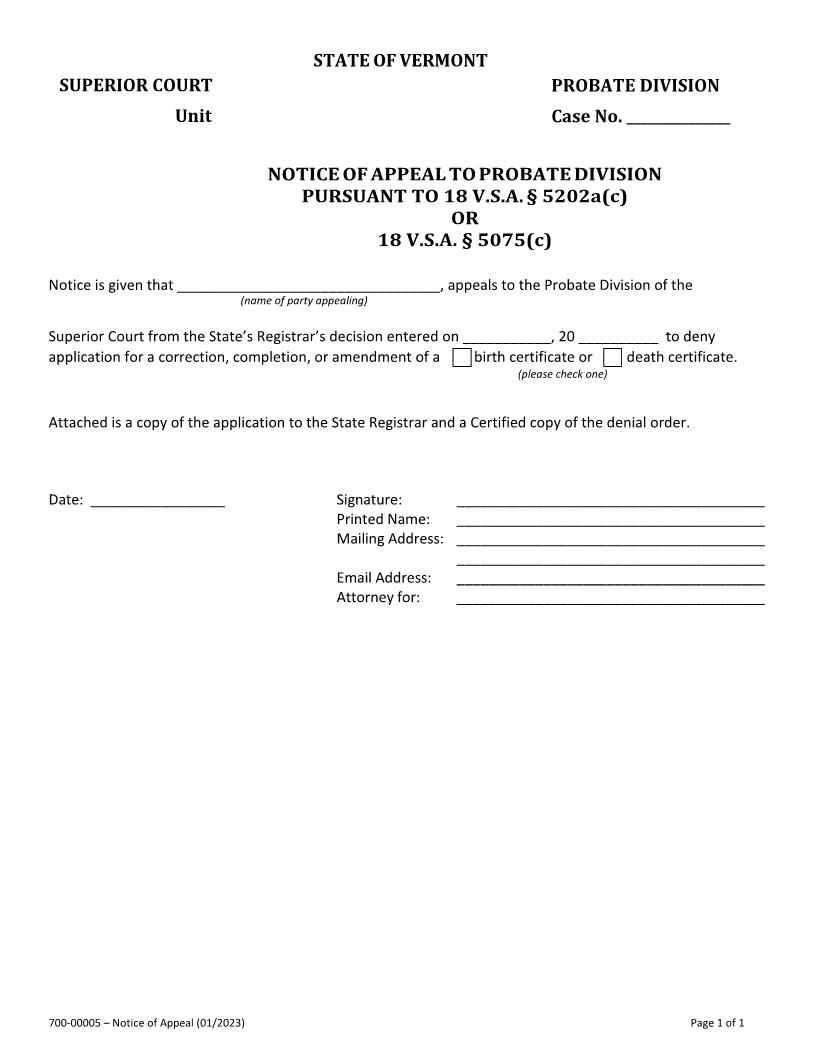 Notice Of Appeal To Probate Division {700-00005} | Pdf Fpdf Docx | Vermont