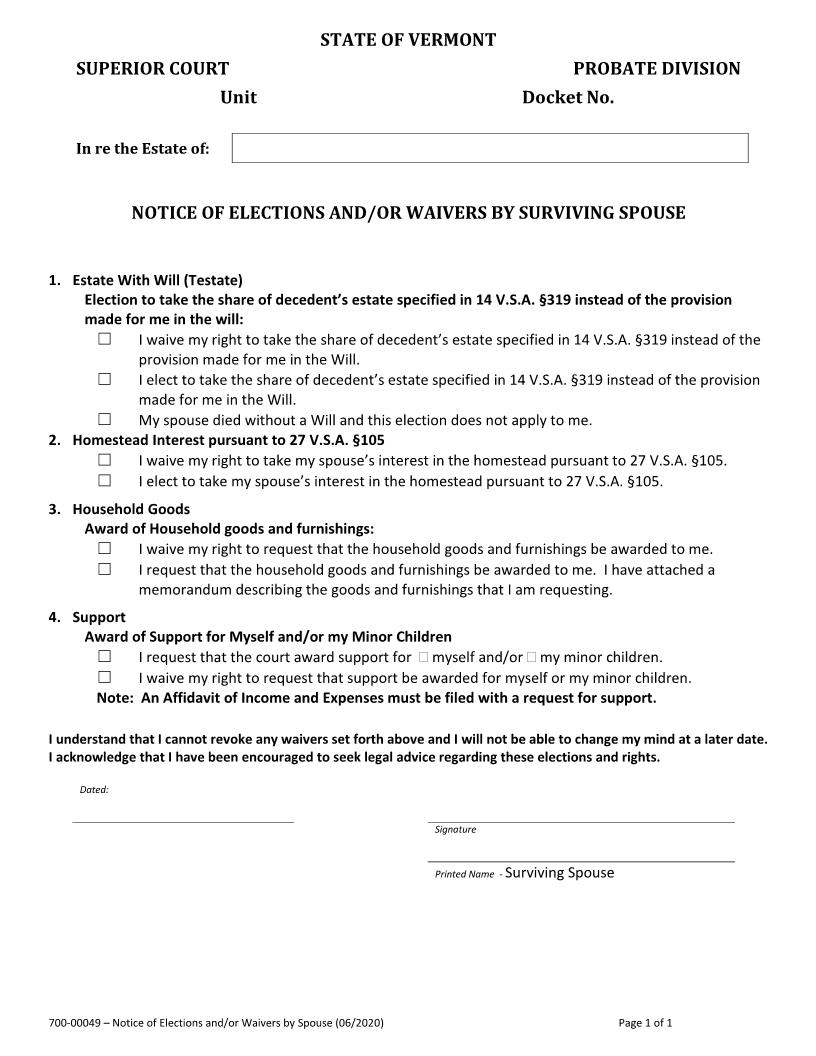 Notice Of Elections And Or Waivers By Spouse {700-00049} | Pdf Fpdf Docx | Vermont