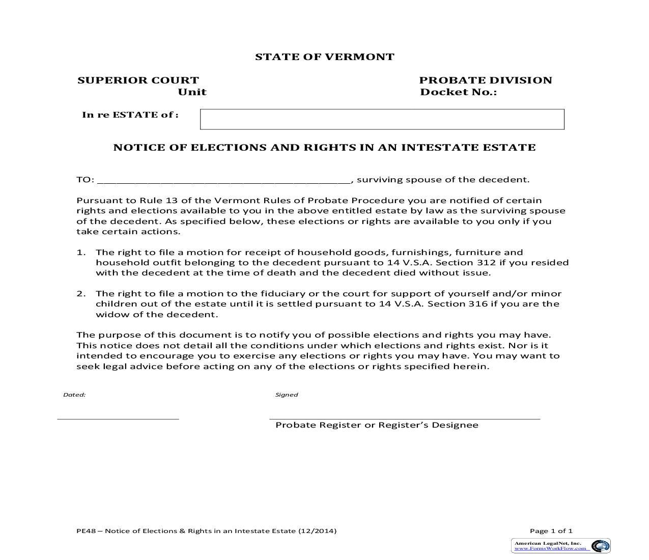 Notice Of Elections And Rights In An Intestate Estate {PE 48} | Pdf Fpdf Doc Docx | Vermont