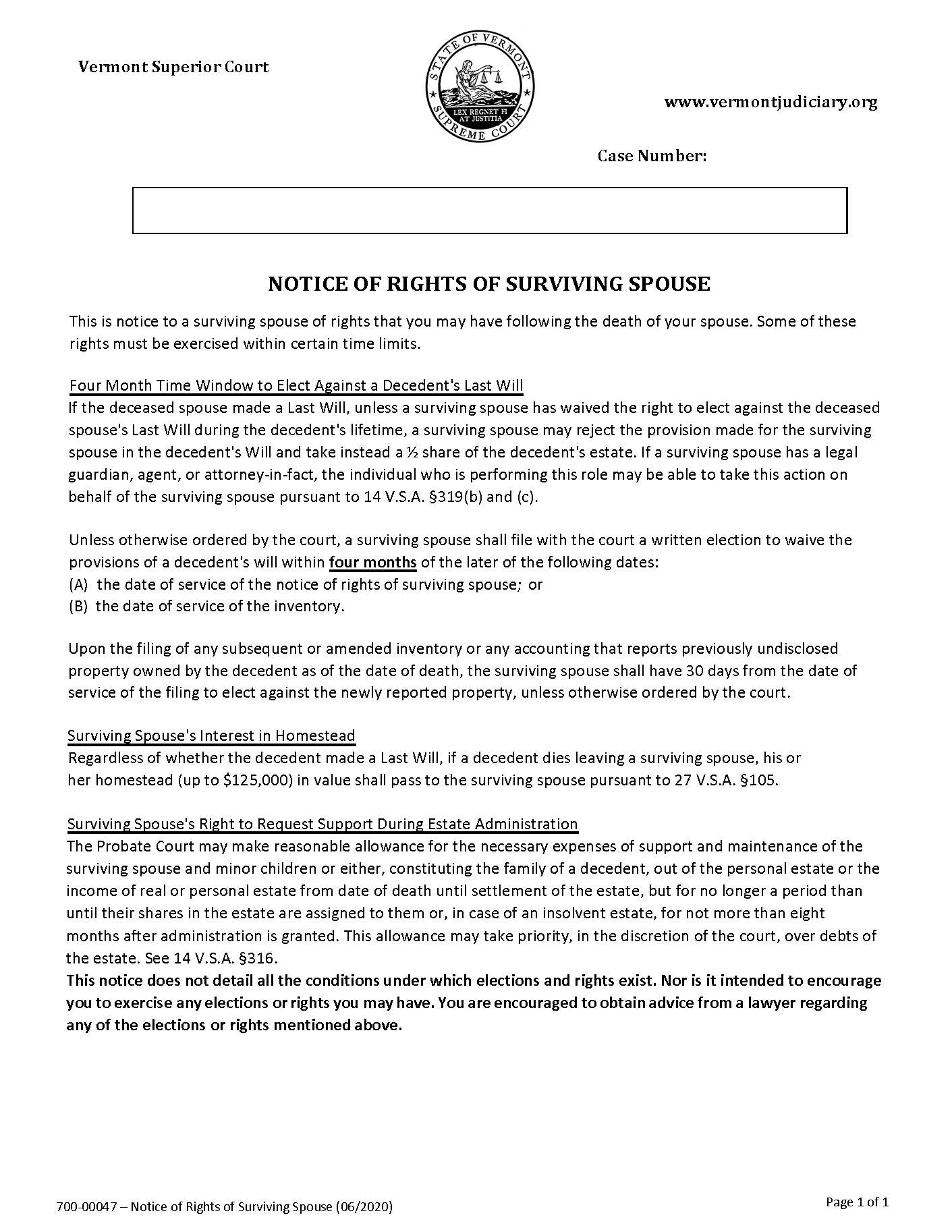 Notice Of Rights Of Surviving Spouse {700-00047} | Pdf Fpdf Docx | Vermont