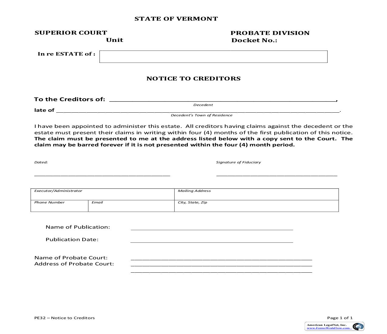 Notice To Creditors {PE 32} | Pdf Fpdf Doc Docx | Vermont