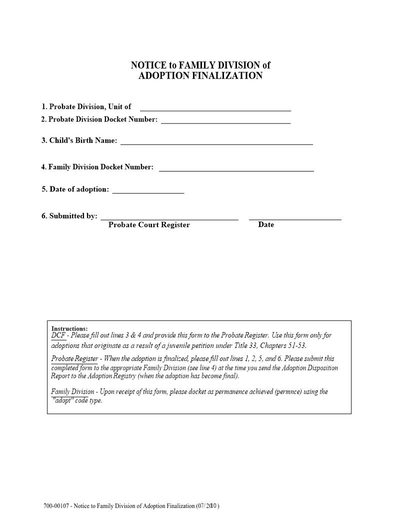 Notice To Family Division Of Adoption {700-00107} | Pdf Fpdf Docx | Vermont