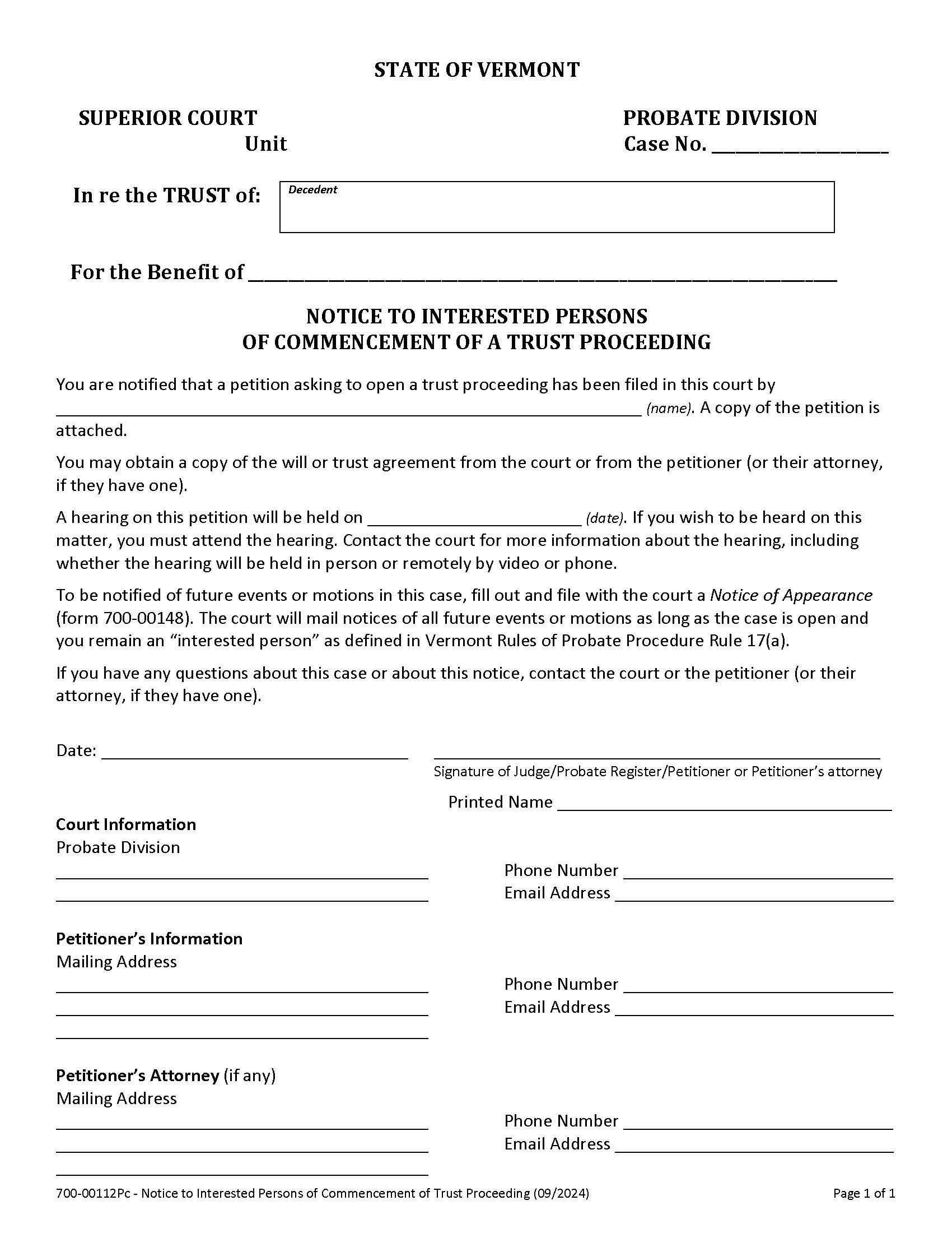 Notice To Interested Persons Of Commencement Of Trust Proceeding {PC 112} | Pdf Fpdf Docx | Vermont