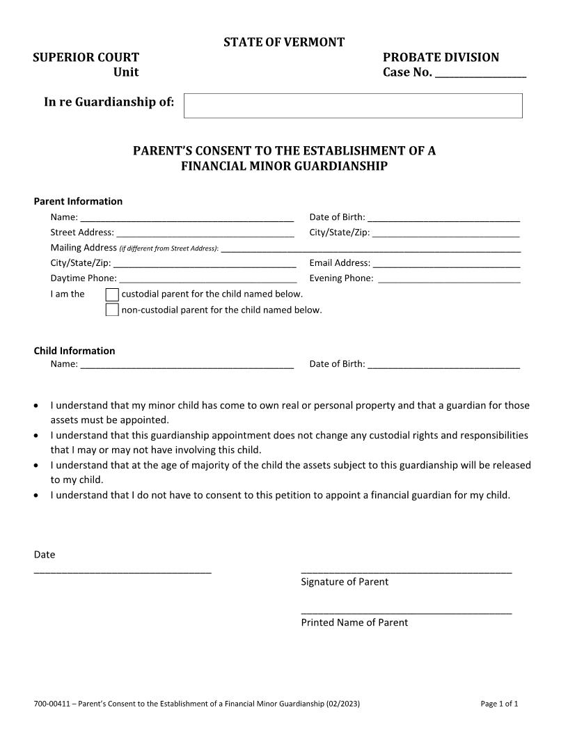 Parents Consent To Minor Guardianship (Financial) {700-00411} | Pdf Fpdf Docx | Vermont