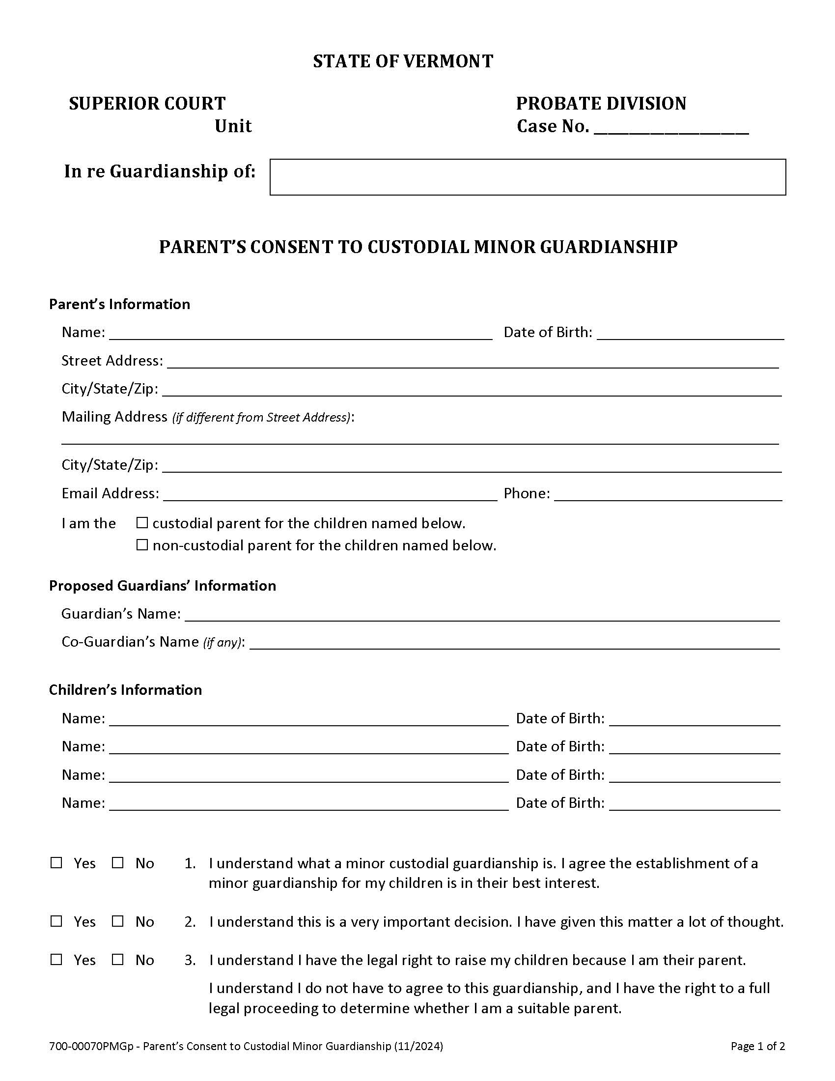 Parents Consent To The Establishment Of A Custodial Minor Guardianship {PMG 70p} | Pdf Fpdf Docx | Vermont