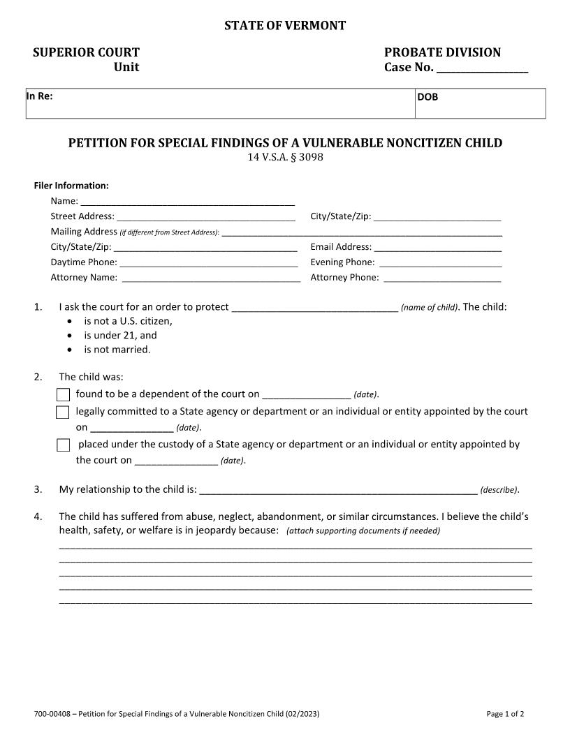 Petition For Special Findings Of A Vulnerable Noncitizen Child (Probate) {700-00408} | Pdf Fpdf Docx | Vermont