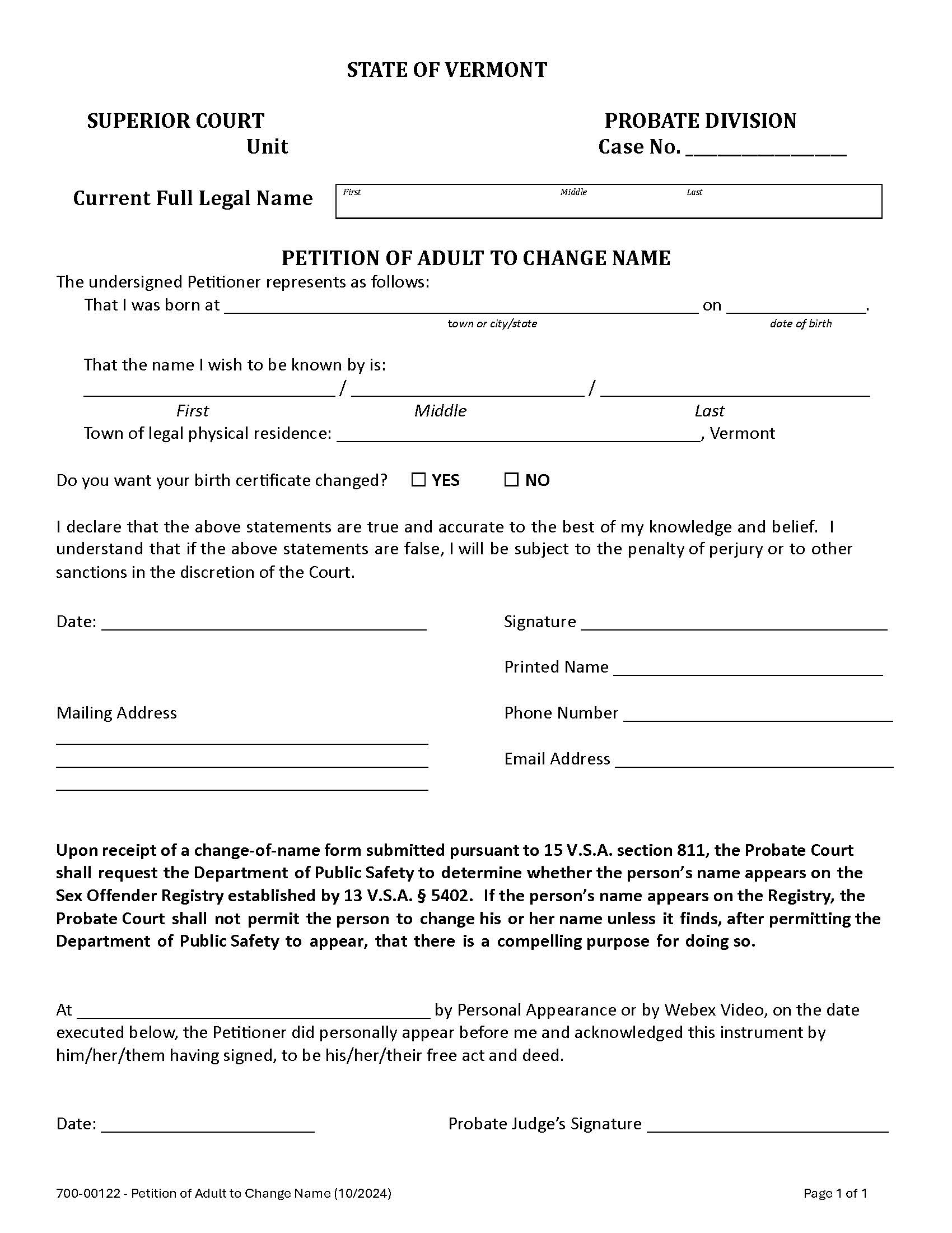 Petition Of Adult To Change Name {700-00122} | Pdf Fpdf Doc Docx | Vermont