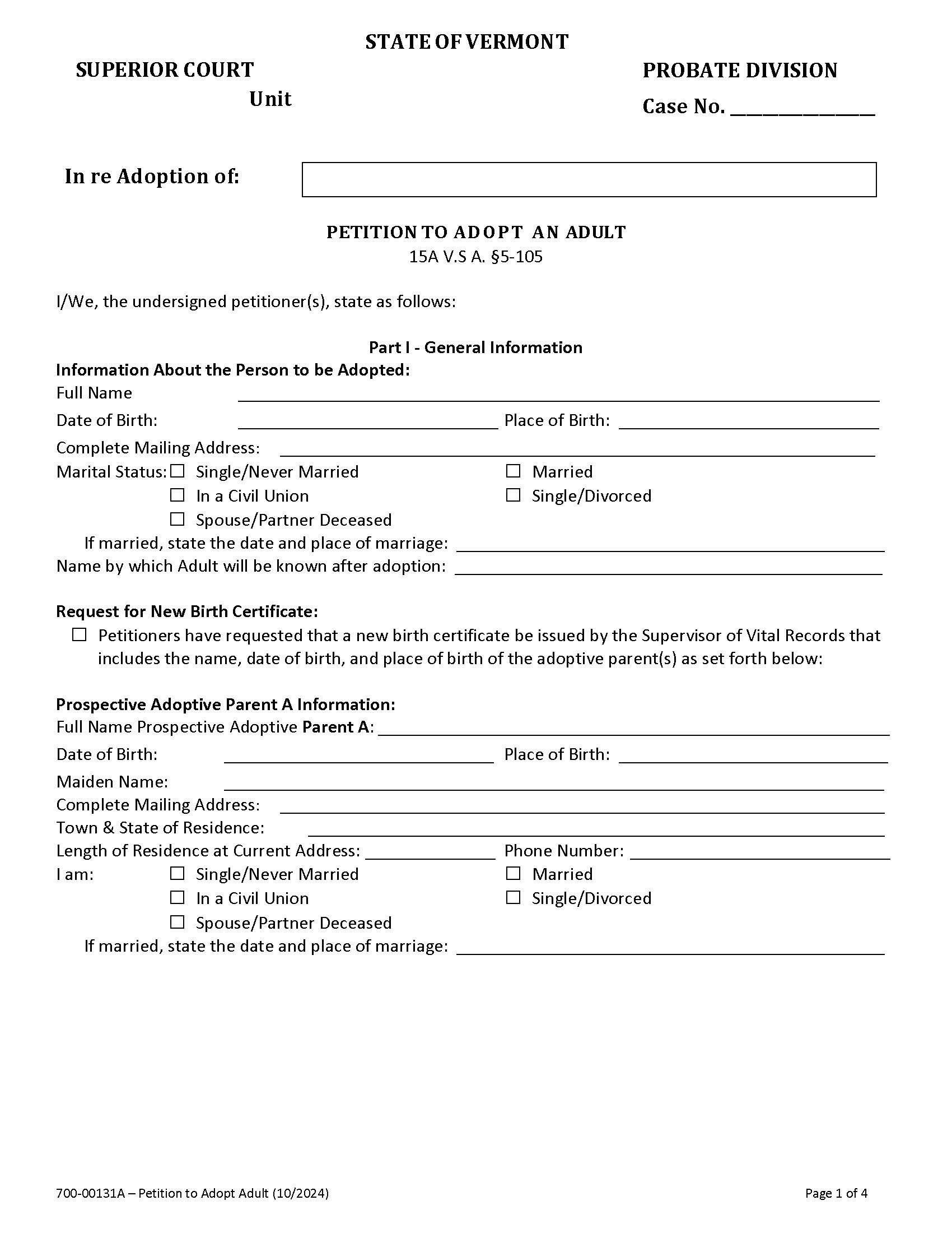 Petition To Adopt An Adult {700-00131A} | Pdf Fpdf Docx | Vermont