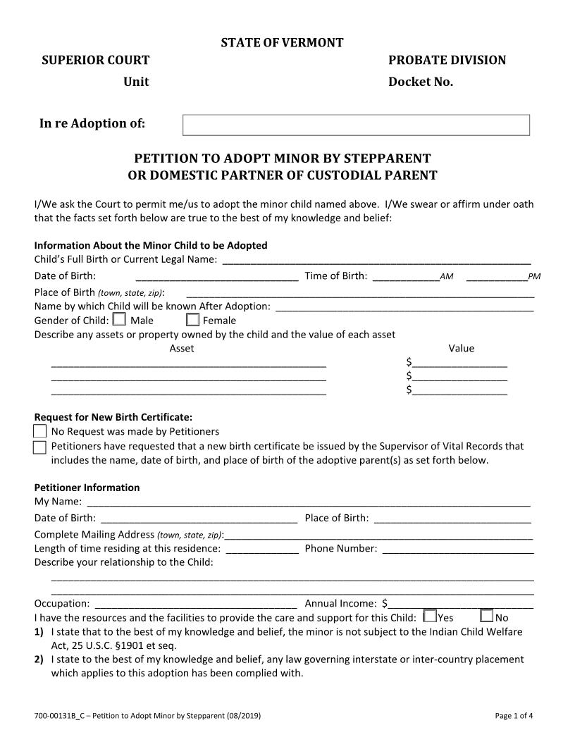 Petition To Adopt Minor By Stepparent {700-00131B_C} | Pdf Fpdf Docx | Vermont