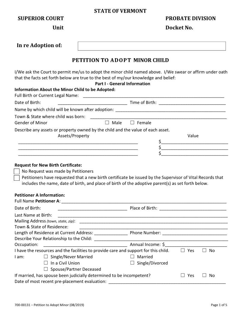 Petition To Adopt Minor Child {700-00131} | Pdf Fpdf Docx | Vermont