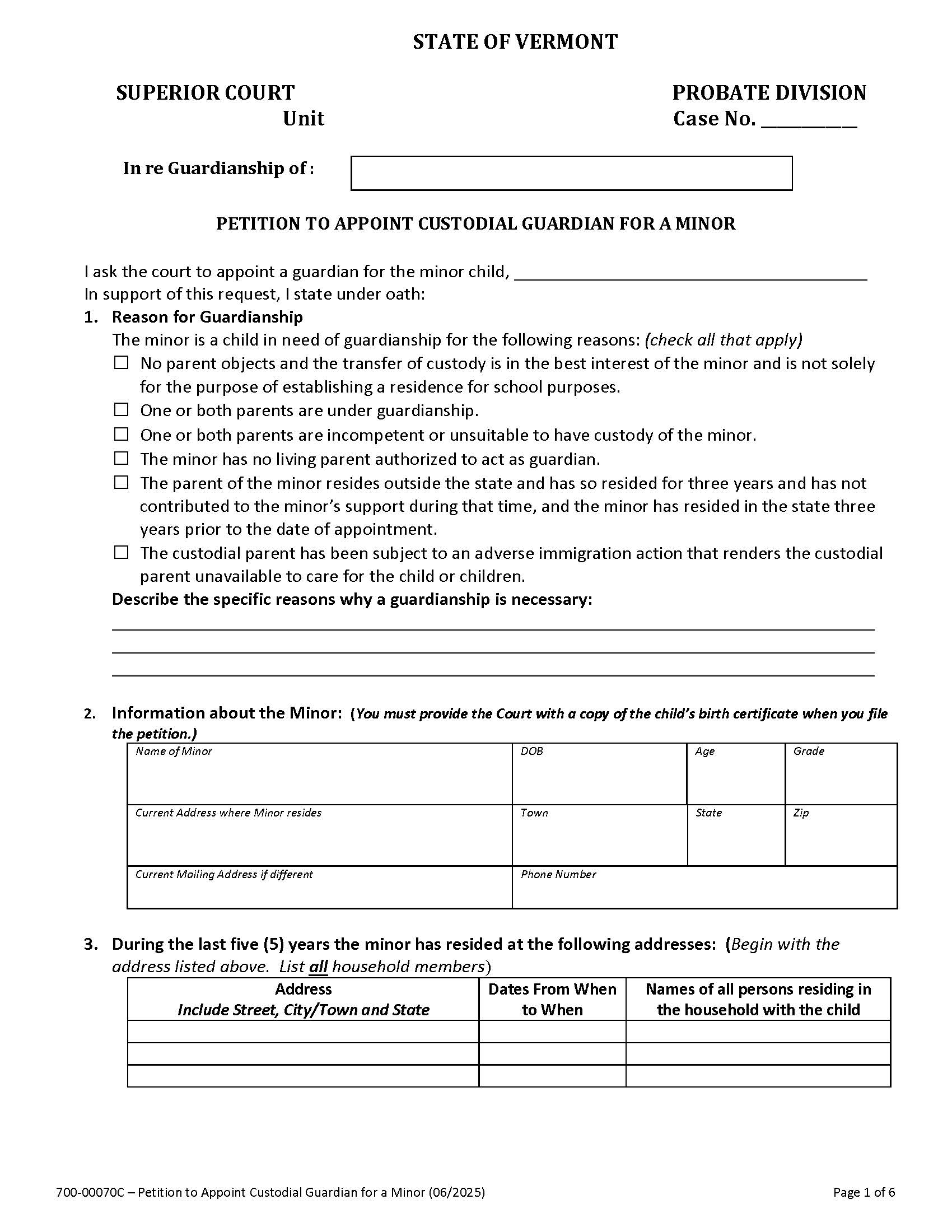 Petition To Appoint A Custodial Guardian For A Minor {700-00070C} | Pdf Fpdf Docx | Vermont